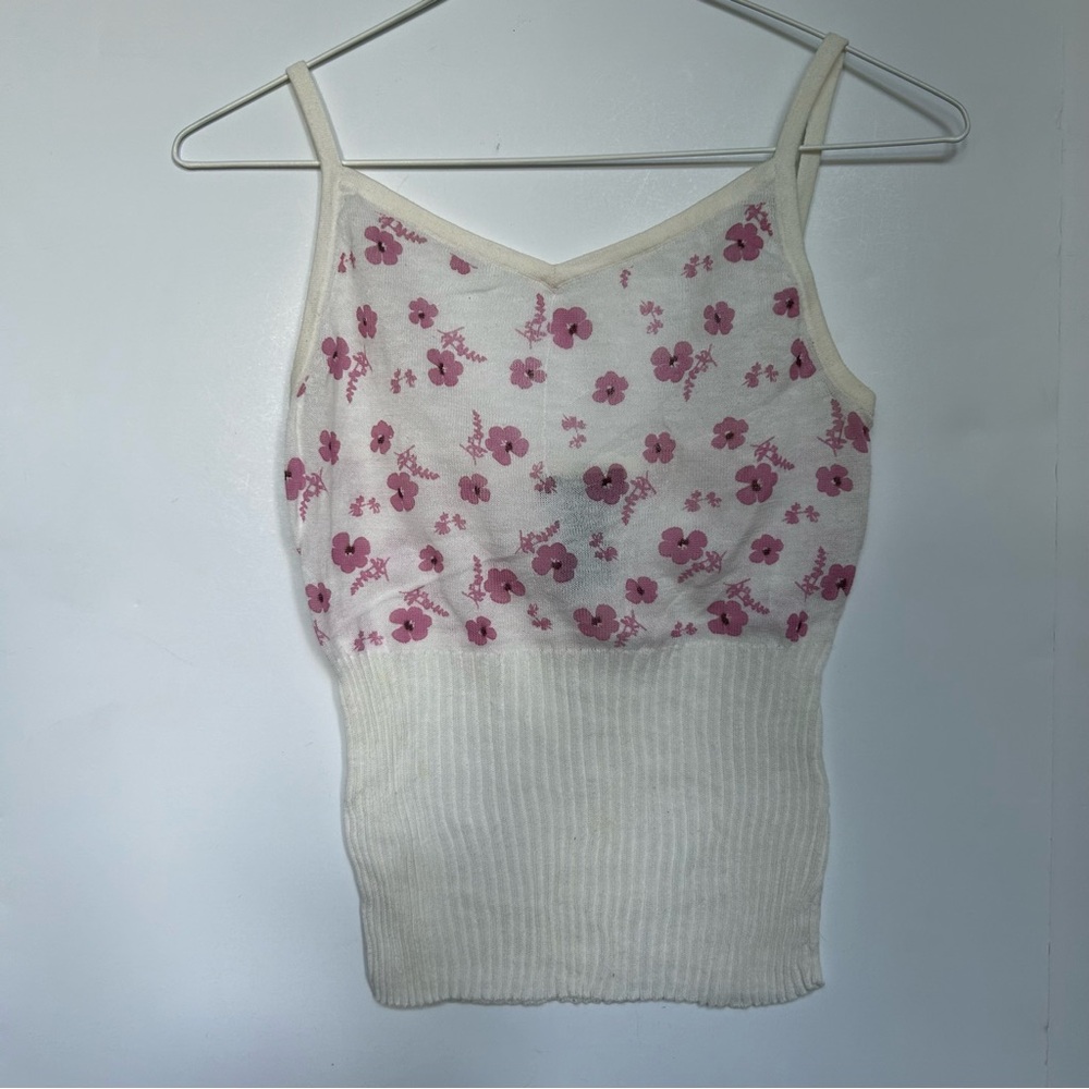 Wet Seal Pink Cream Knit Floral Crop Cami Top Shirt Vest Boho Cottagecore Sz XS